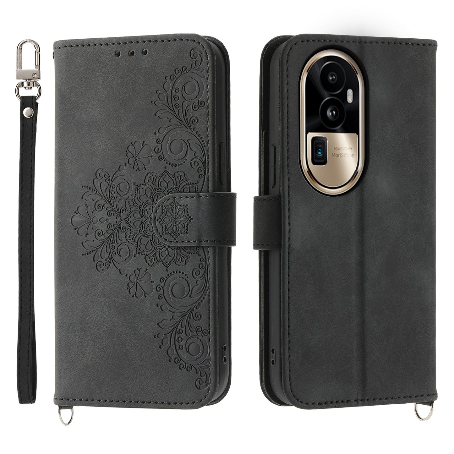 Skin-Touch Phone Case for Oppo Reno10 Pro+ 5G Flower Imprinted Leather Wallet Cover with Strap