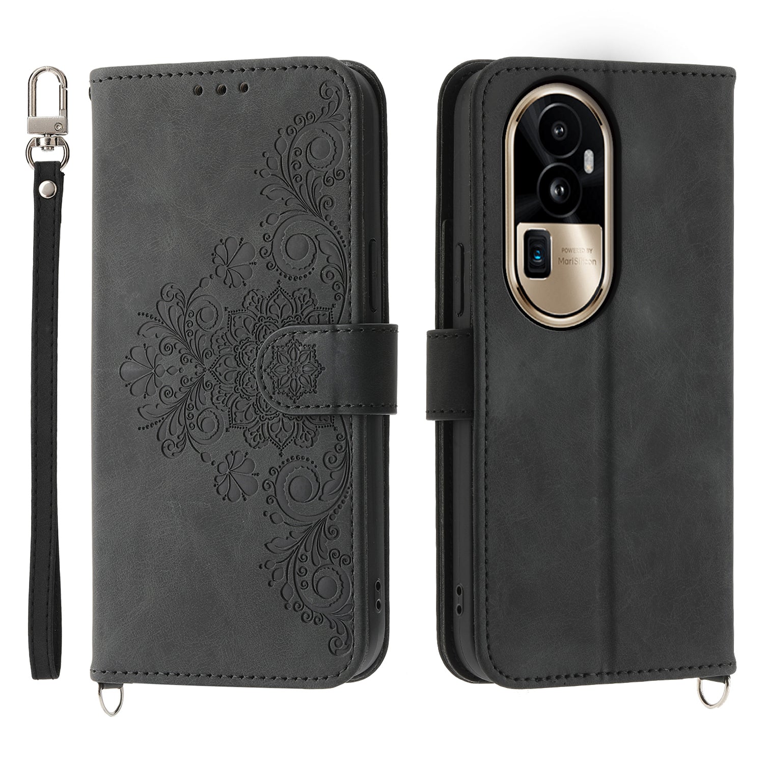Skin-Touch Phone Case for Oppo Reno10 Pro+ 5G Flower Imprinted Leather Wallet Cover with Strap