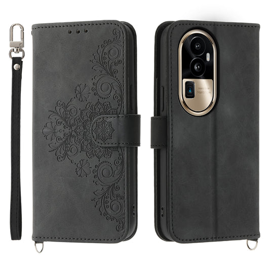 Skin-Touch Phone Case for Oppo Reno10 Pro+ 5G Flower Imprinted Leather Wallet Cover with Strap