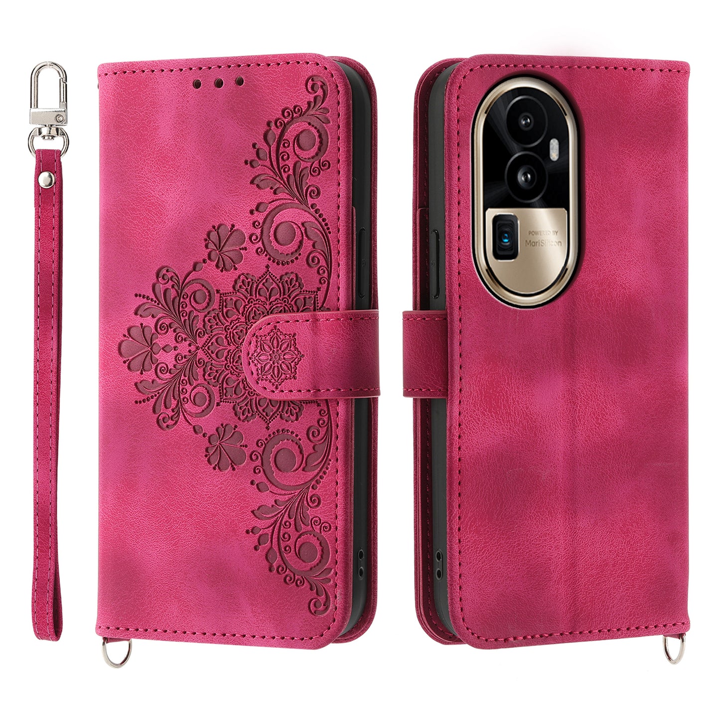 Skin-Touch Phone Case for Oppo Reno10 Pro+ 5G Flower Imprinted Leather Wallet Cover with Strap