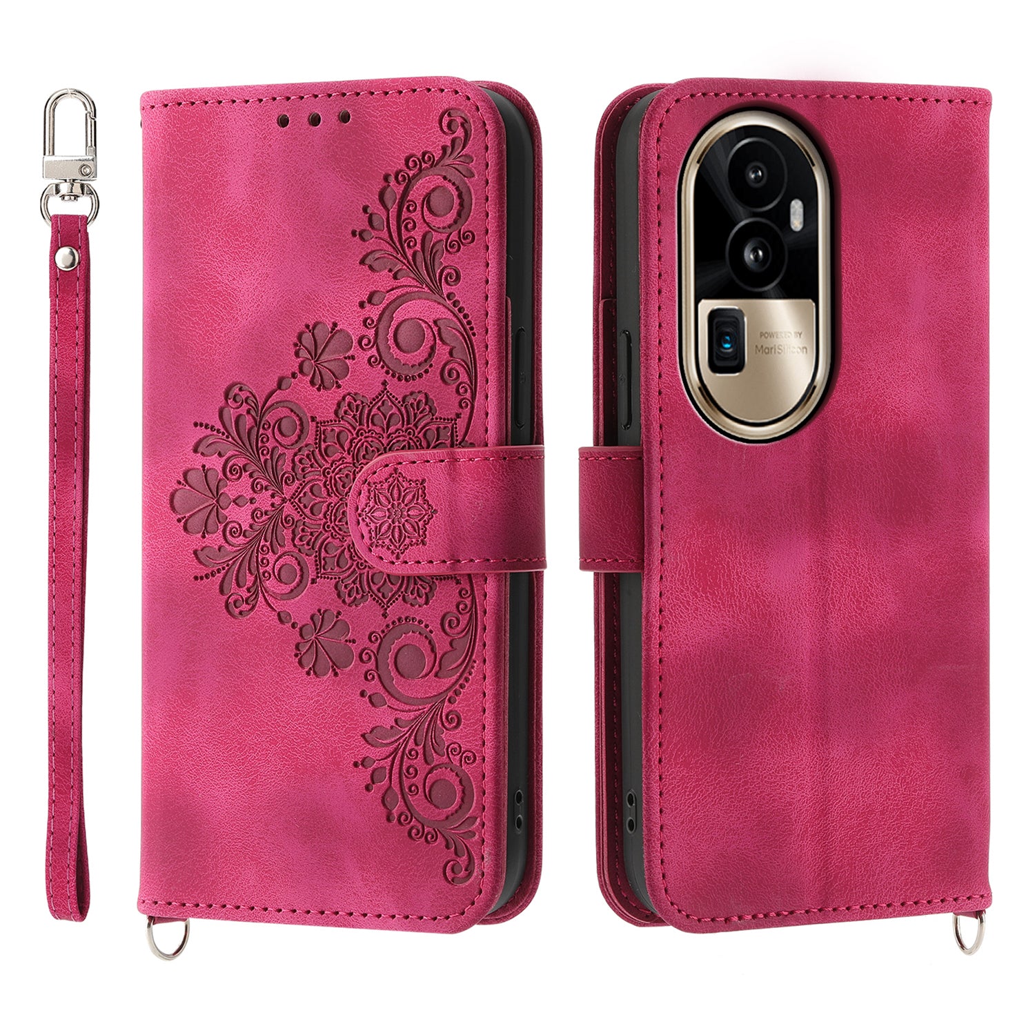 Skin-Touch Phone Case for Oppo Reno10 Pro+ 5G Flower Imprinted Leather Wallet Cover with Strap