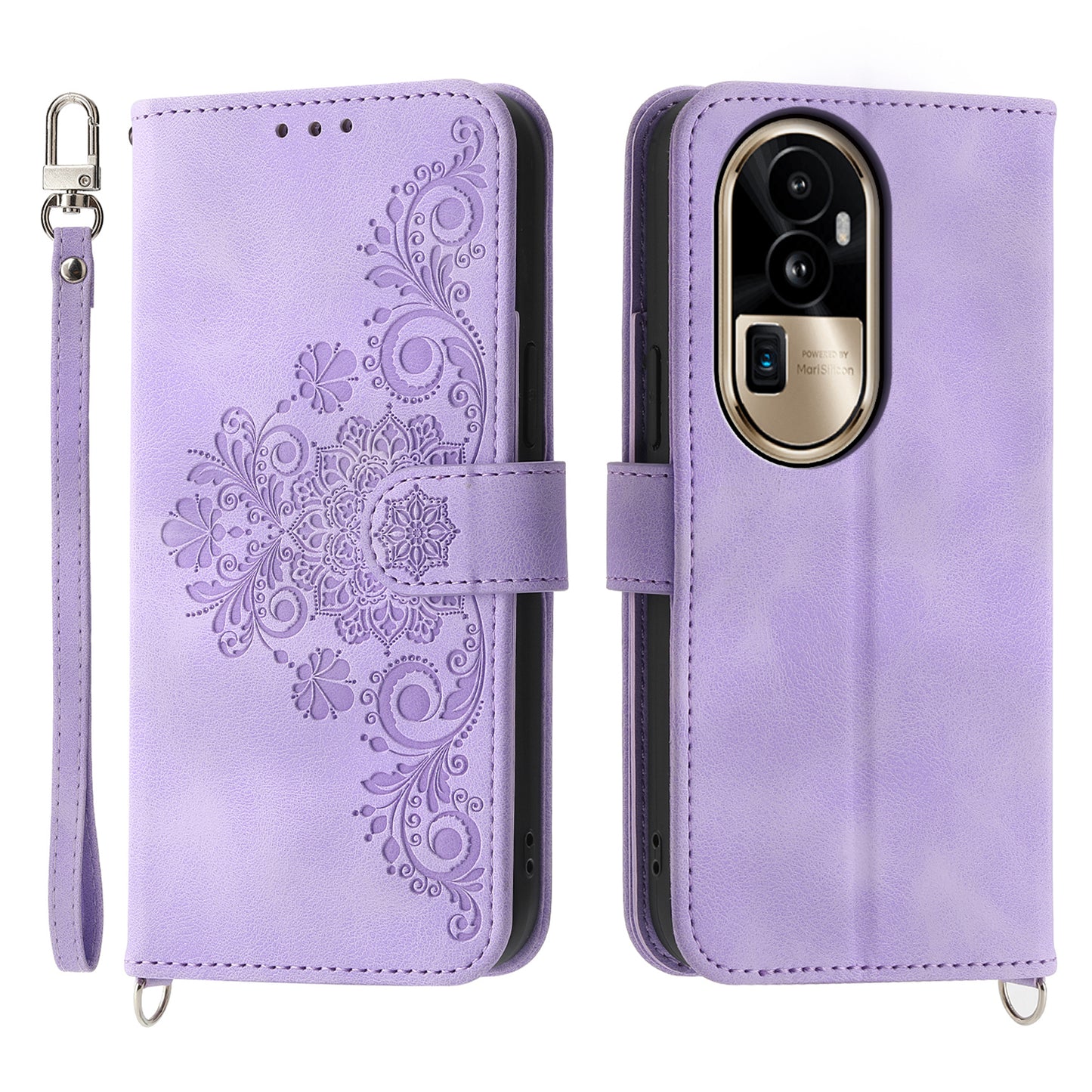Skin-Touch Phone Case for Oppo Reno10 Pro+ 5G Flower Imprinted Leather Wallet Cover with Strap