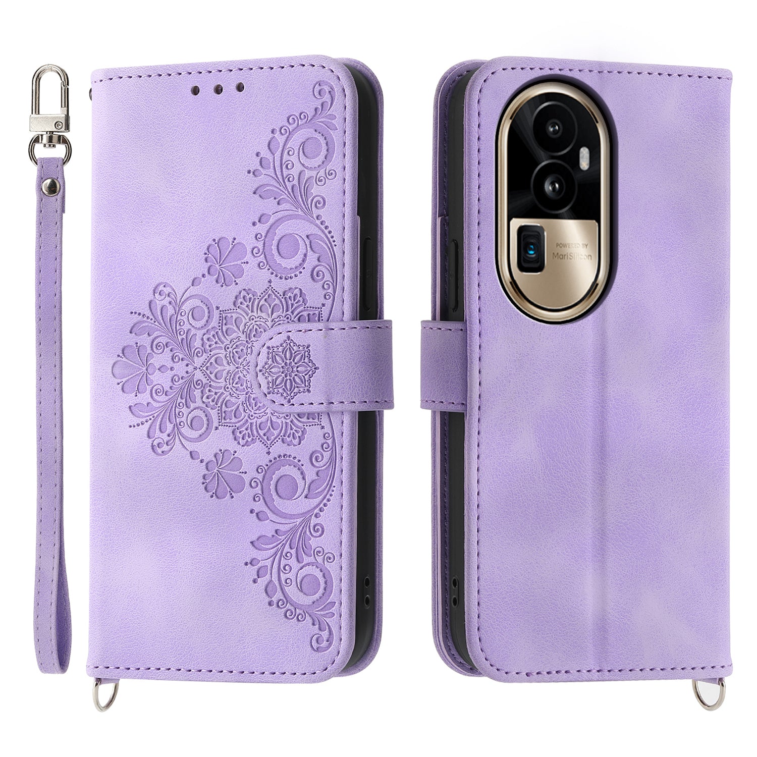 Skin-Touch Phone Case for Oppo Reno10 Pro+ 5G Flower Imprinted Leather Wallet Cover with Strap