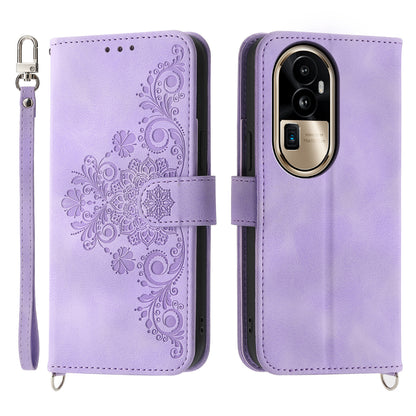 Skin-Touch Phone Case for Oppo Reno10 Pro+ 5G Flower Imprinted Leather Wallet Cover with Strap
