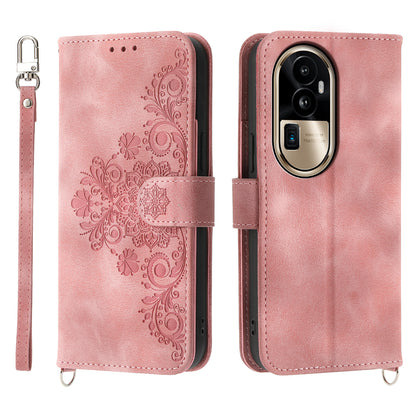 Skin-Touch Phone Case for Oppo Reno10 Pro+ 5G Flower Imprinted Leather Wallet Cover with Strap