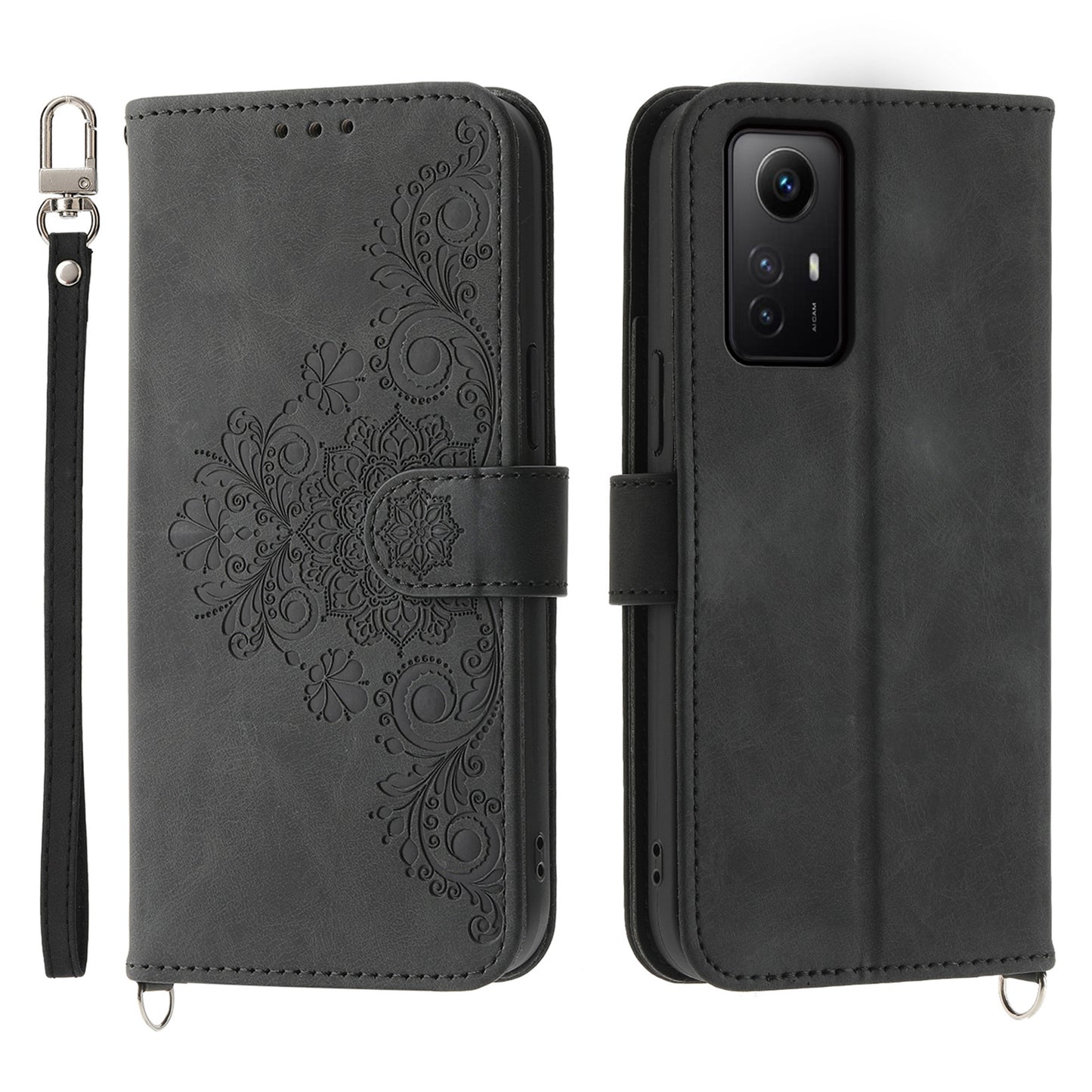Shockproof Case for Xiaomi Redmi Note 12S 4G Flower Imprinted Leather Cover Skin-Touch Wallet Phone Case with Strap