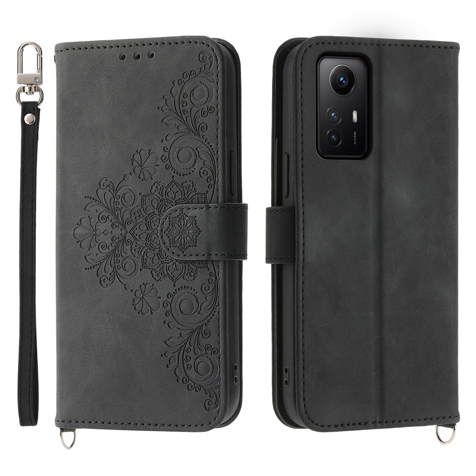 Shockproof Case for Xiaomi Redmi Note 12S 4G Flower Imprinted Leather Cover Skin-Touch Wallet Phone Case with Strap