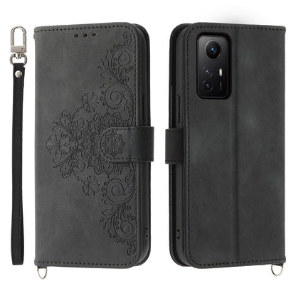 Shockproof Case for Xiaomi Redmi Note 12S 4G Flower Imprinted Leather Cover Skin-Touch Wallet Phone Case with Strap