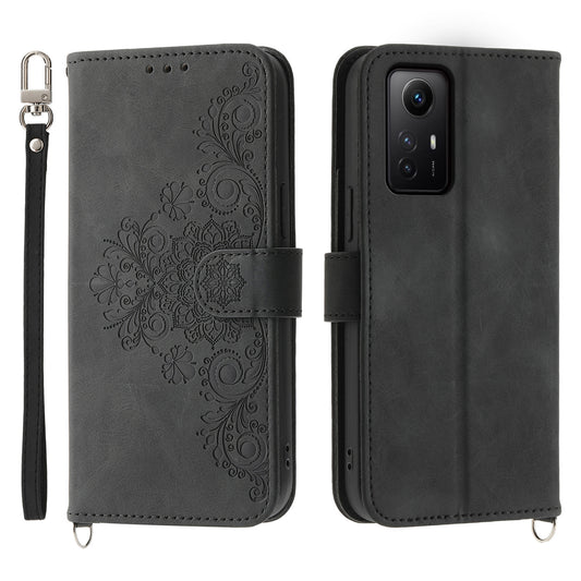 Shockproof Case for Xiaomi Redmi Note 12S 4G Flower Imprinted Leather Cover Skin-Touch Wallet Phone Case with Strap