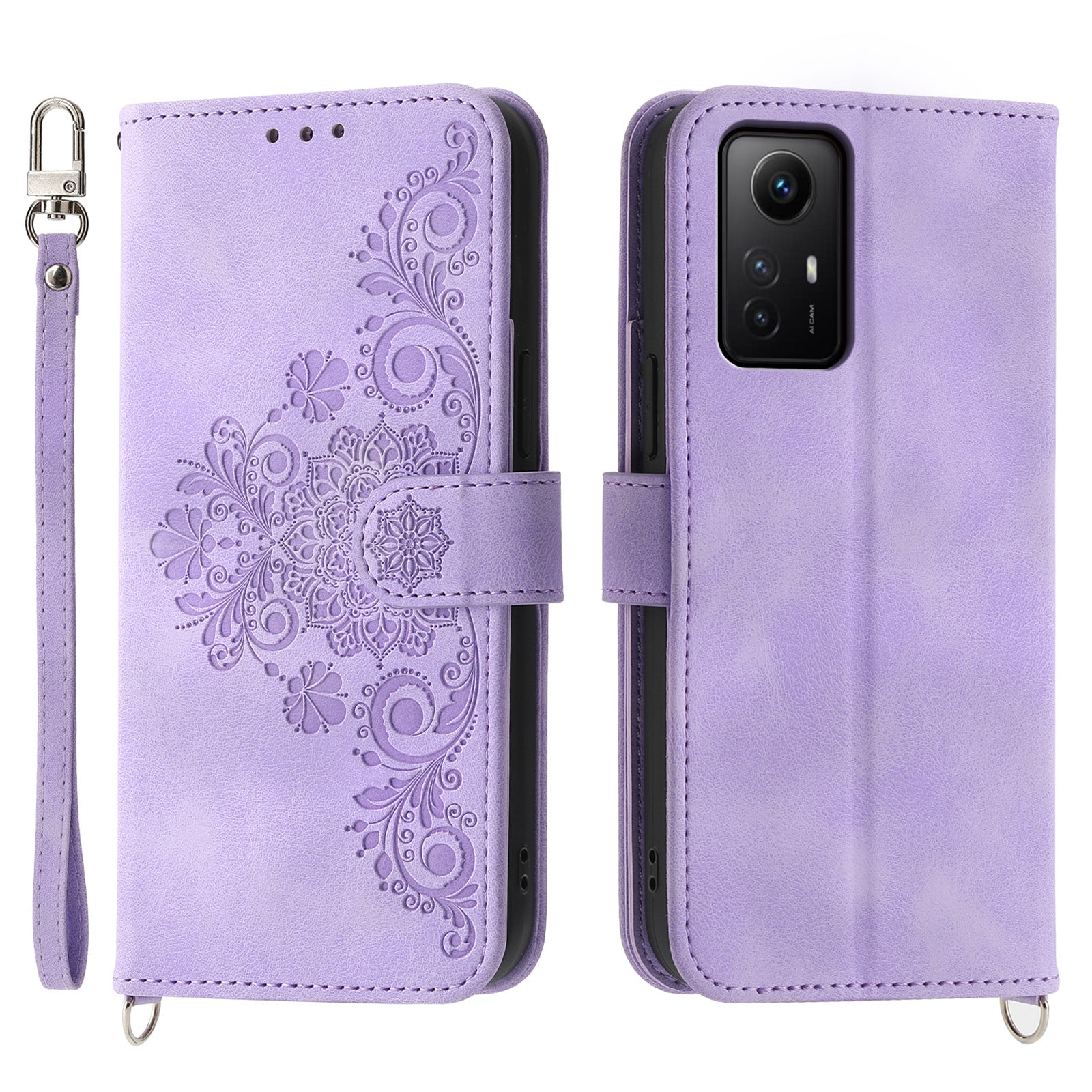 Shockproof Case for Xiaomi Redmi Note 12S 4G Flower Imprinted Leather Cover Skin-Touch Wallet Phone Case with Strap