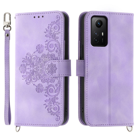 Shockproof Case for Xiaomi Redmi Note 12S 4G Flower Imprinted Leather Cover Skin-Touch Wallet Phone Case with Strap