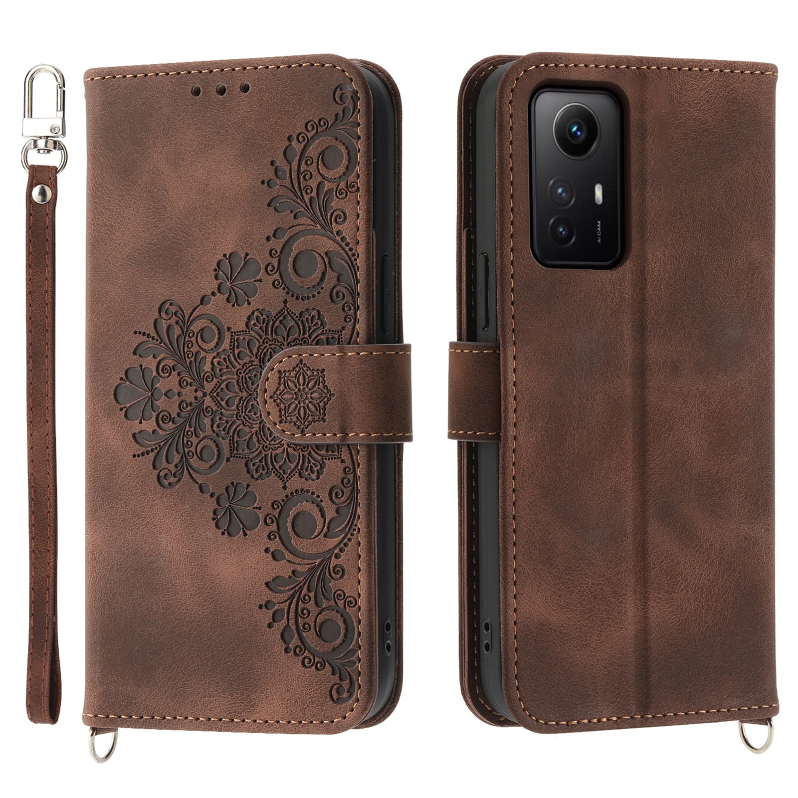 Shockproof Case for Xiaomi Redmi Note 12S 4G Flower Imprinted Leather Cover Skin-Touch Wallet Phone Case with Strap