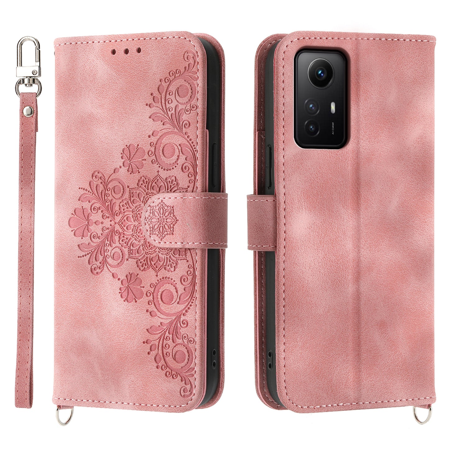 Shockproof Case for Xiaomi Redmi Note 12S 4G Flower Imprinted Leather Cover Skin-Touch Wallet Phone Case with Strap