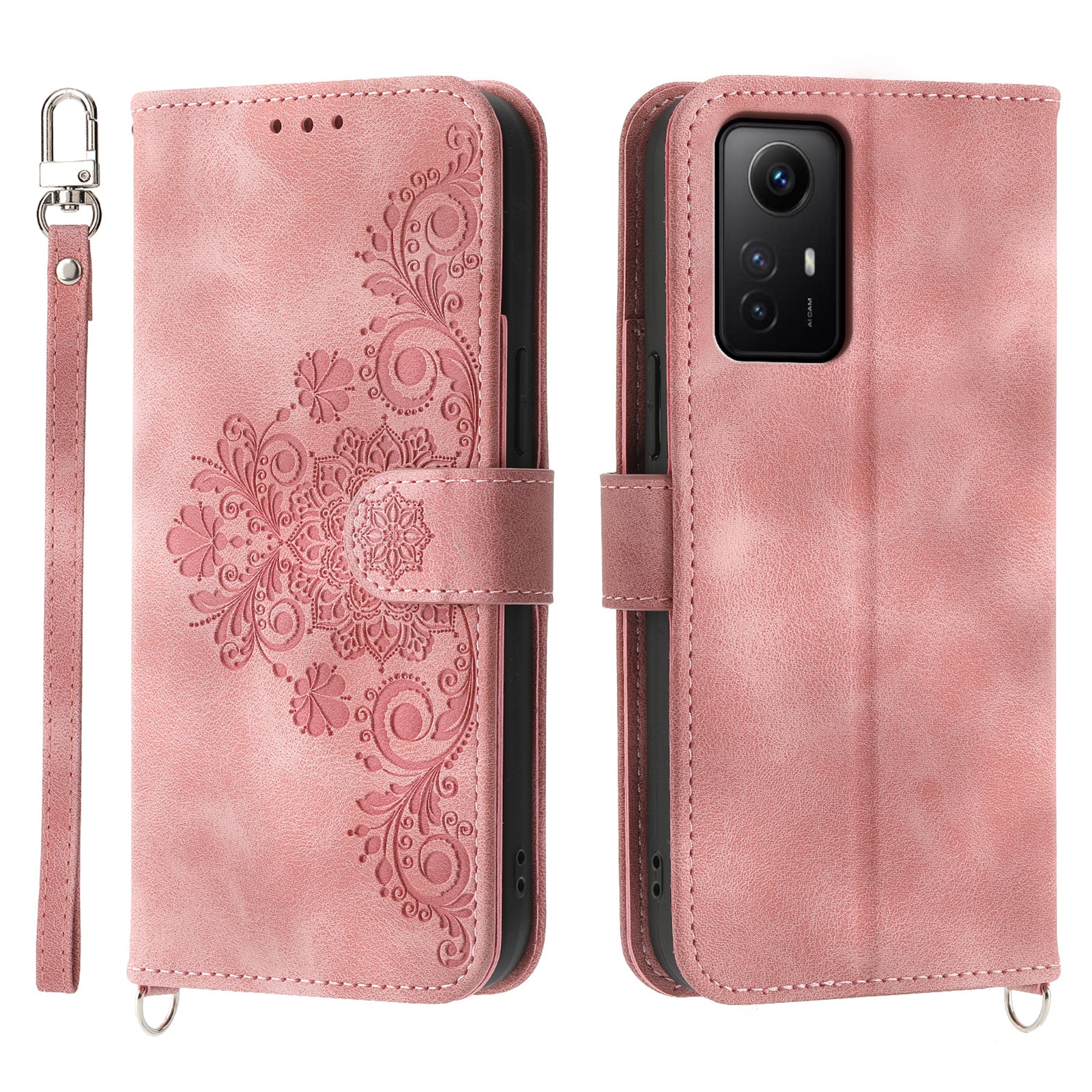Shockproof Case for Xiaomi Redmi Note 12S 4G Flower Imprinted Leather Cover Skin-Touch Wallet Phone Case with Strap