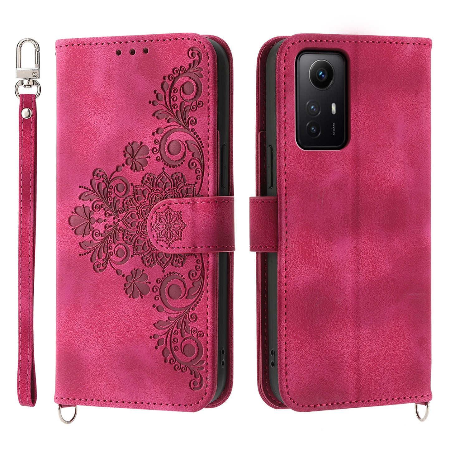 Shockproof Case for Xiaomi Redmi Note 12S 4G Flower Imprinted Leather Cover Skin-Touch Wallet Phone Case with Strap