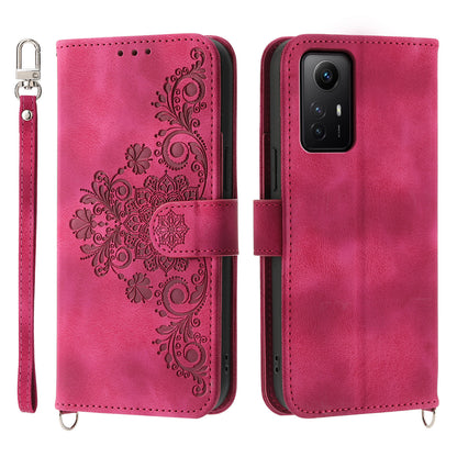 Shockproof Case for Xiaomi Redmi Note 12S 4G Flower Imprinted Leather Cover Skin-Touch Wallet Phone Case with Strap