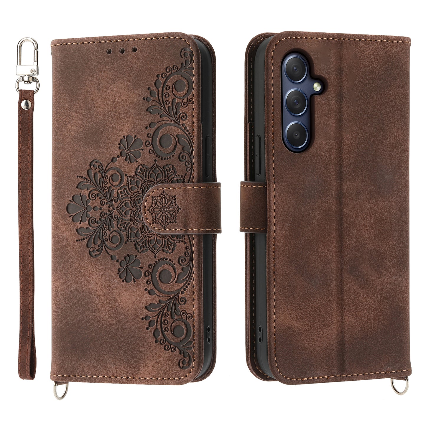 For Samsung Galaxy M54 5G / F54 5G Wallet Phone Case Flower Imprinted Skin-Touch Leather Cover with Strap