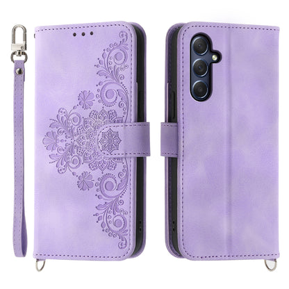 For Samsung Galaxy M54 5G / F54 5G Wallet Phone Case Flower Imprinted Skin-Touch Leather Cover with Strap