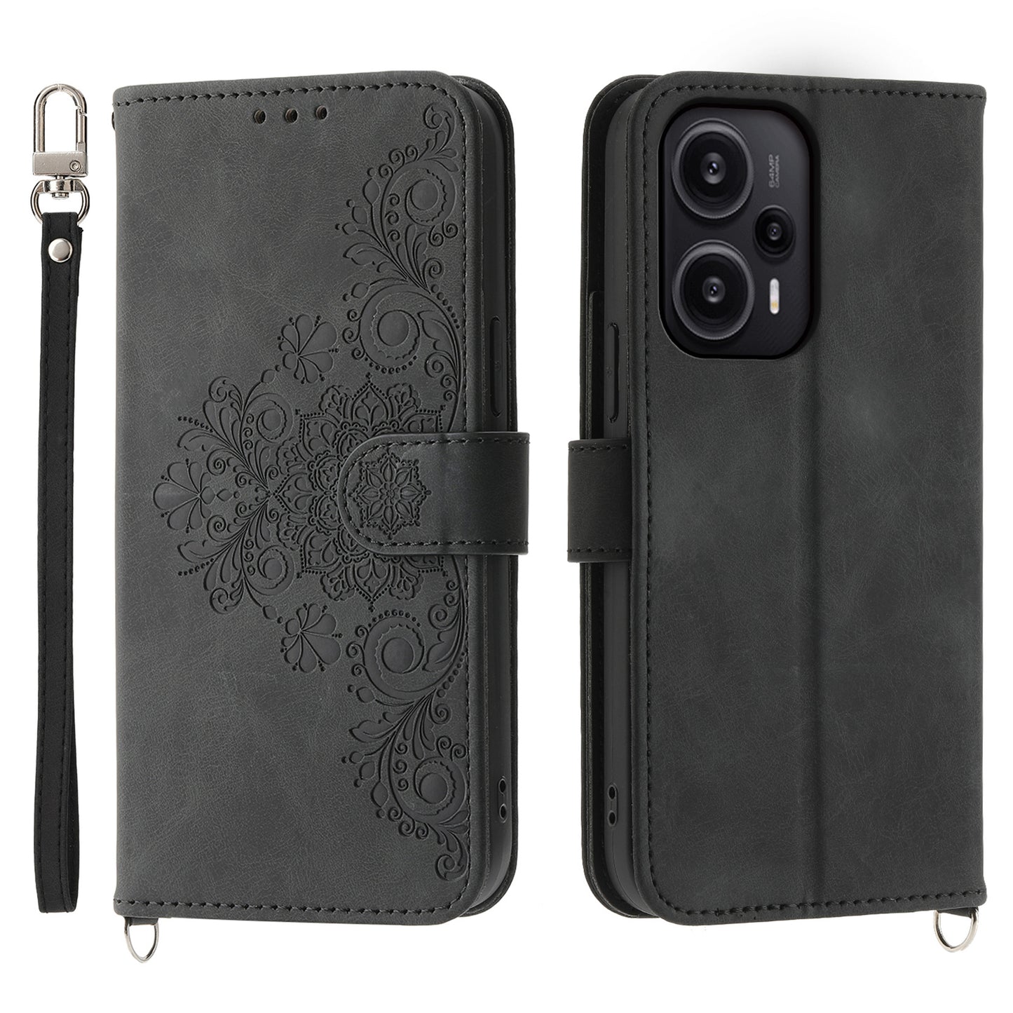 For Xiaomi Redmi Note 12 Turbo / Poco F5 5G Skin-Touch Phone Case Flower Imprinted Leather Flip Cover with Wallet, Strap