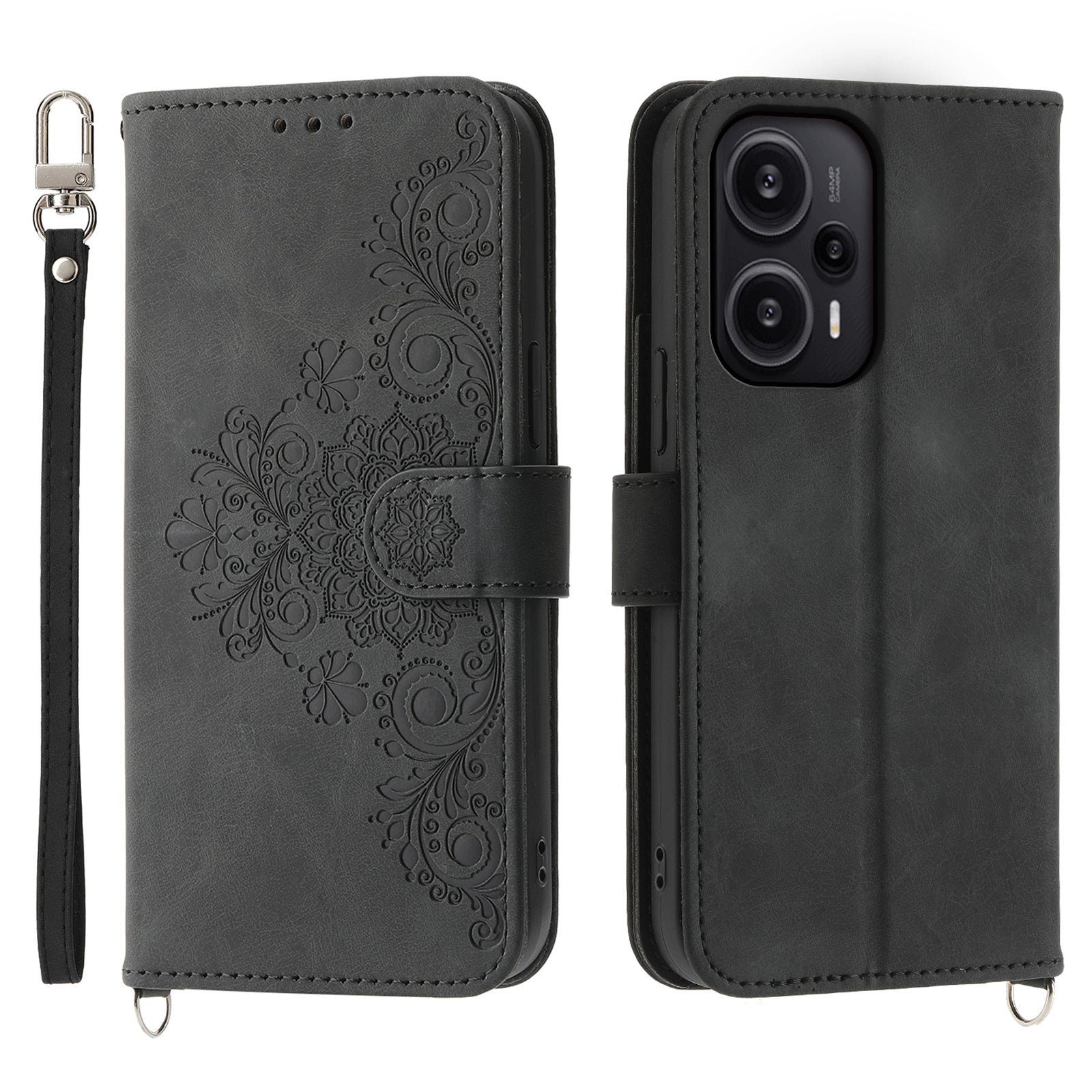 For Xiaomi Redmi Note 12 Turbo / Poco F5 5G Skin-Touch Phone Case Flower Imprinted Leather Flip Cover with Wallet, Strap