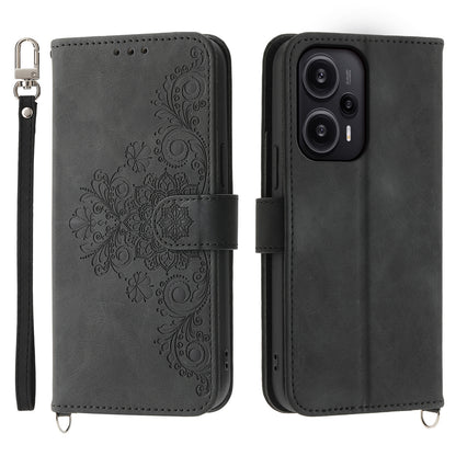For Xiaomi Redmi Note 12 Turbo / Poco F5 5G Skin-Touch Phone Case Flower Imprinted Leather Flip Cover with Wallet, Strap