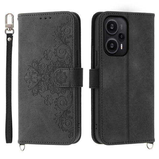 For Xiaomi Redmi Note 12 Turbo / Poco F5 5G Skin-Touch Phone Case Flower Imprinted Leather Flip Cover with Wallet, Strap