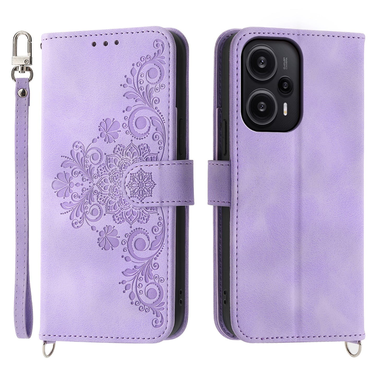 For Xiaomi Redmi Note 12 Turbo / Poco F5 5G Skin-Touch Phone Case Flower Imprinted Leather Flip Cover with Wallet, Strap