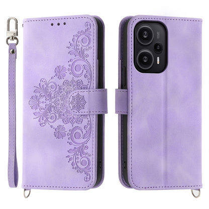 For Xiaomi Redmi Note 12 Turbo / Poco F5 5G Skin-Touch Phone Case Flower Imprinted Leather Flip Cover with Wallet, Strap