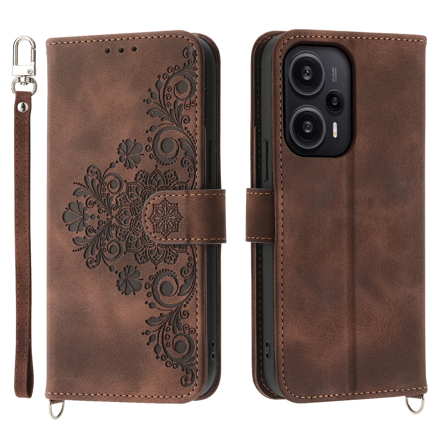For Xiaomi Redmi Note 12 Turbo / Poco F5 5G Skin-Touch Phone Case Flower Imprinted Leather Flip Cover with Wallet, Strap