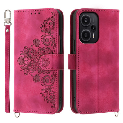 For Xiaomi Redmi Note 12 Turbo / Poco F5 5G Skin-Touch Phone Case Flower Imprinted Leather Flip Cover with Wallet, Strap