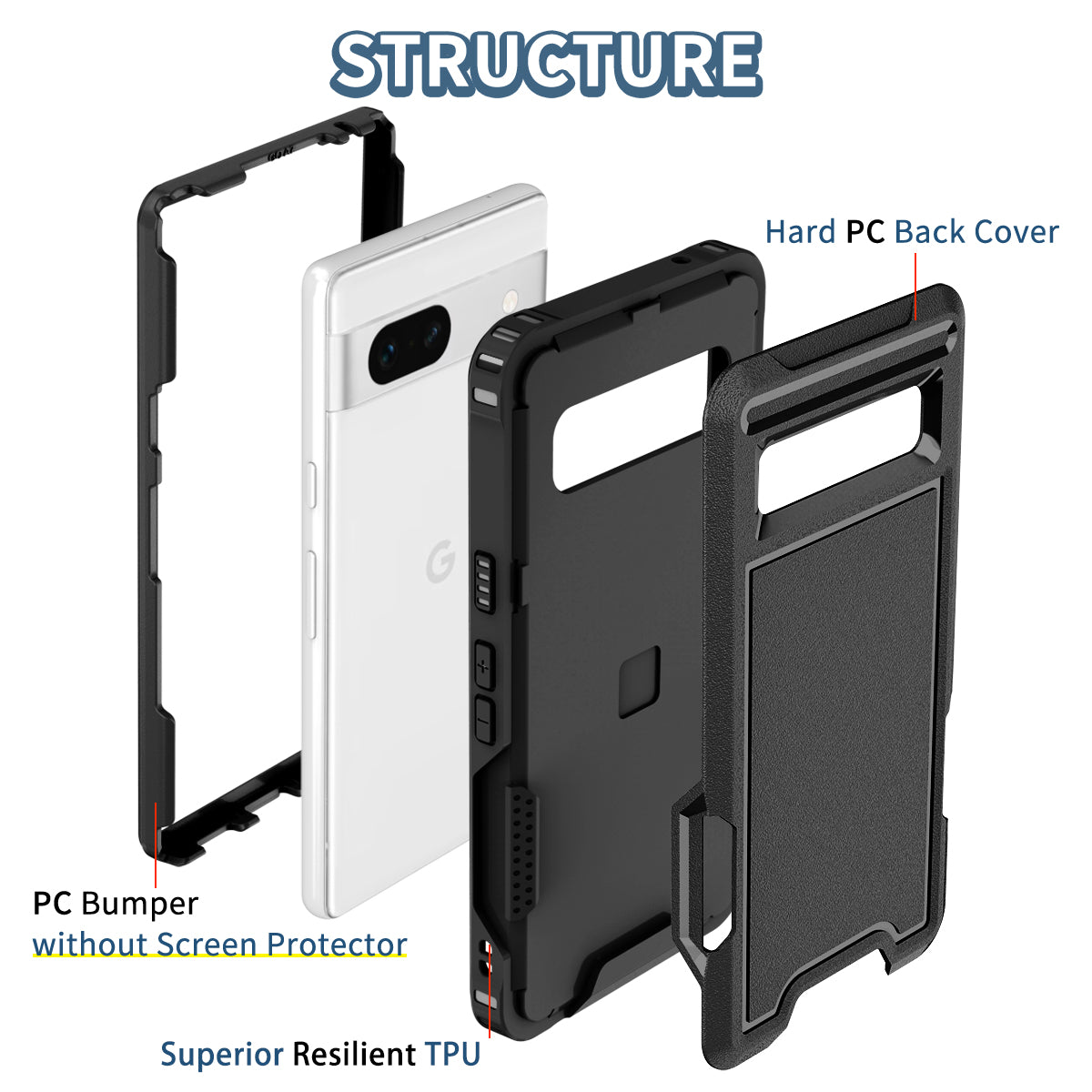 For Google Pixel 7a Rugged Hybrid  Hard PC Soft TPU Phone Case Non-Slip Protective Cover