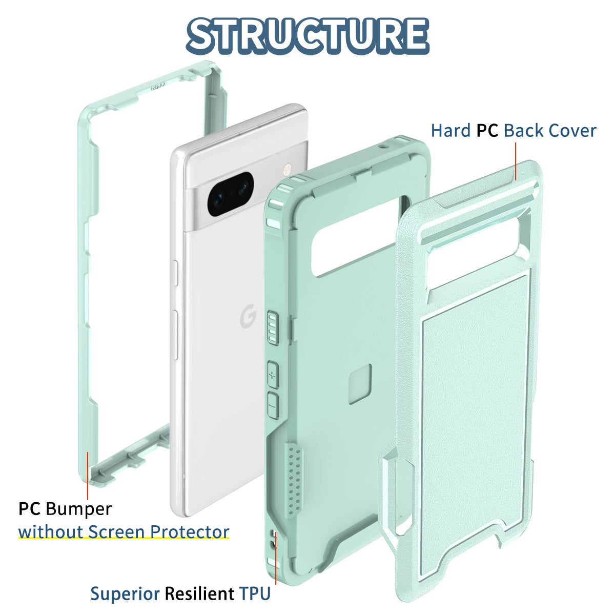 For Google Pixel 7a Rugged Hybrid  Hard PC Soft TPU Phone Case Non-Slip Protective Cover