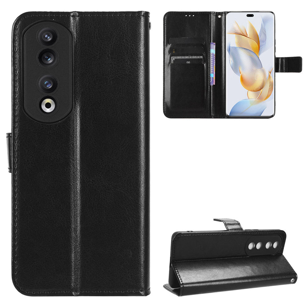 PU Leather Phone Case for Honor 90 Pro , Crazy Horse Texture Shell Flip Stand Cover Wallet