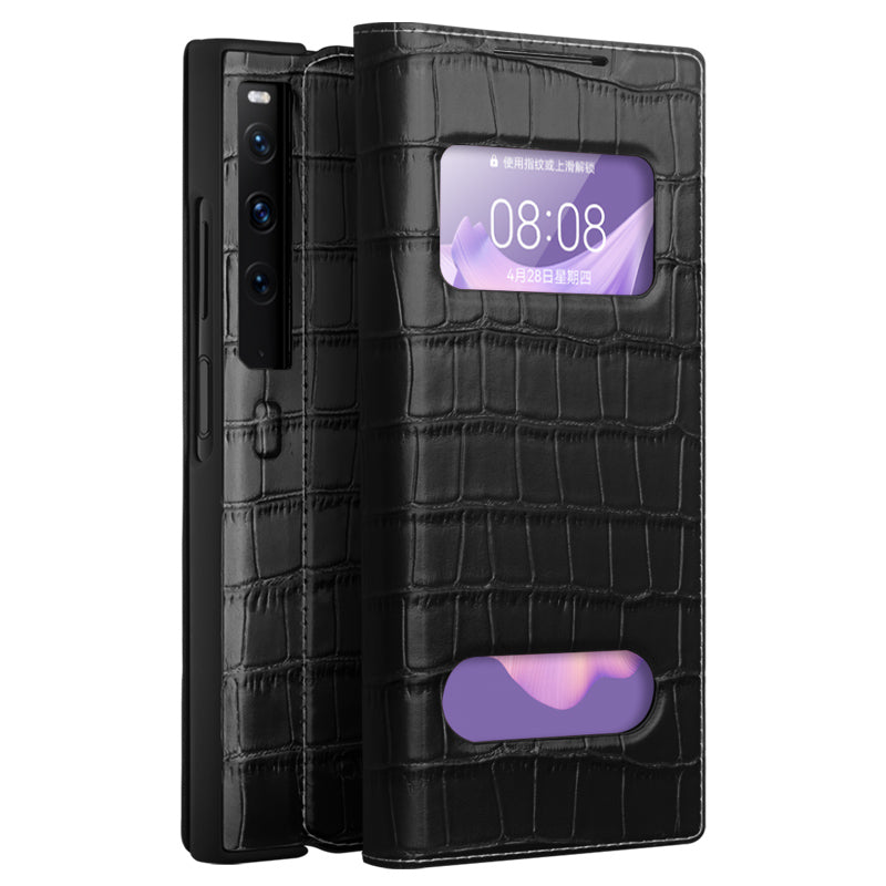 QIALINO Anti-Drop Phone Case for Huawei Mate Xs 2 Shockproof Cover Crocodile Texture Genuine Cow Leather Phone Shell