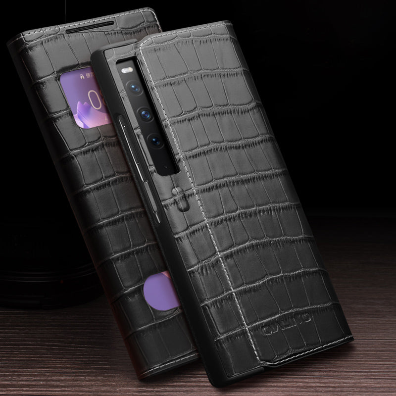 QIALINO Anti-Drop Phone Case for Huawei Mate Xs 2 Shockproof Cover Crocodile Texture Genuine Cow Leather Phone Shell