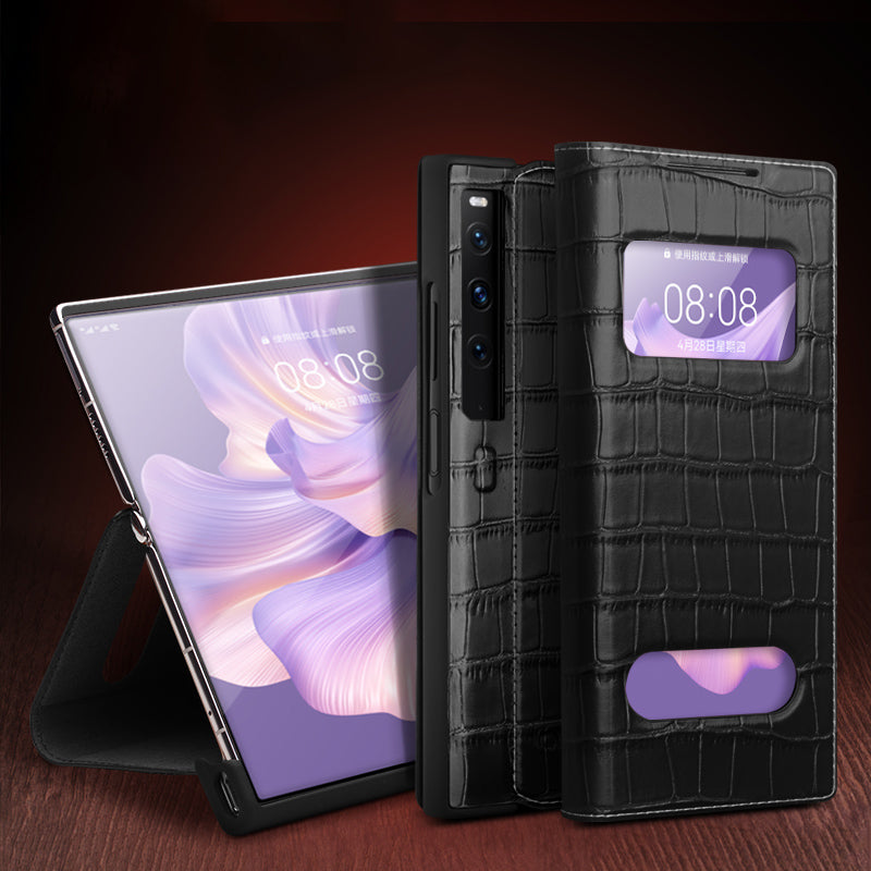 QIALINO Anti-Drop Phone Case for Huawei Mate Xs 2 Shockproof Cover Crocodile Texture Genuine Cow Leather Phone Shell