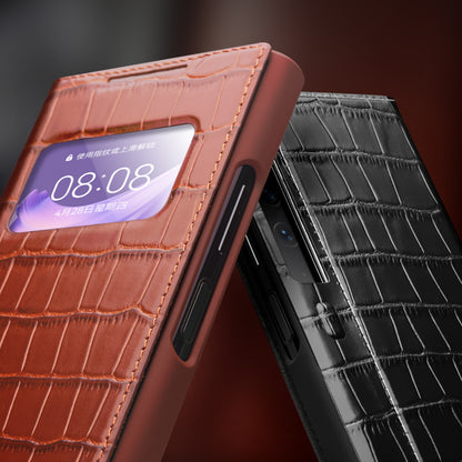 QIALINO Anti-Drop Phone Case for Huawei Mate Xs 2 Shockproof Cover Crocodile Texture Genuine Cow Leather Phone Shell