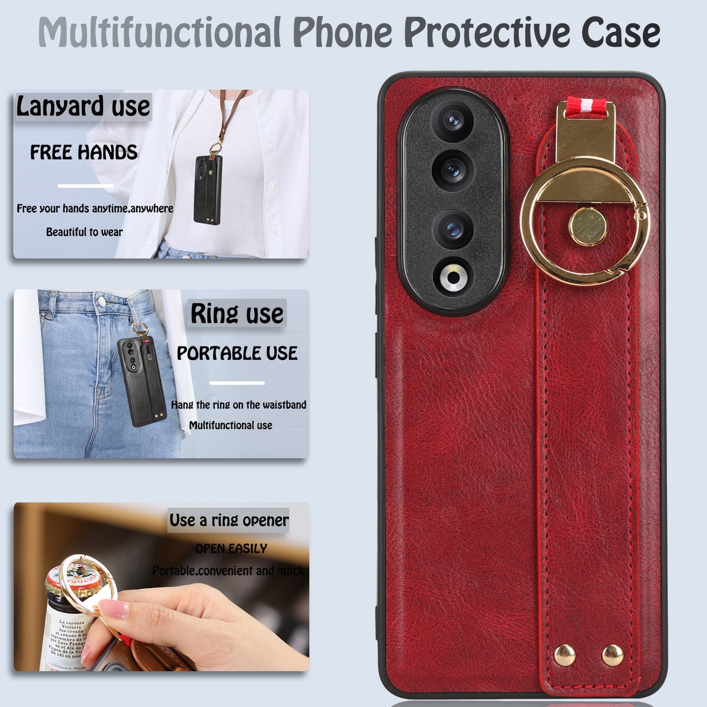 For Honor 90 Wristband Kickstand Phone Case PU Leather+PC+TPU Cover with Bottle Opener