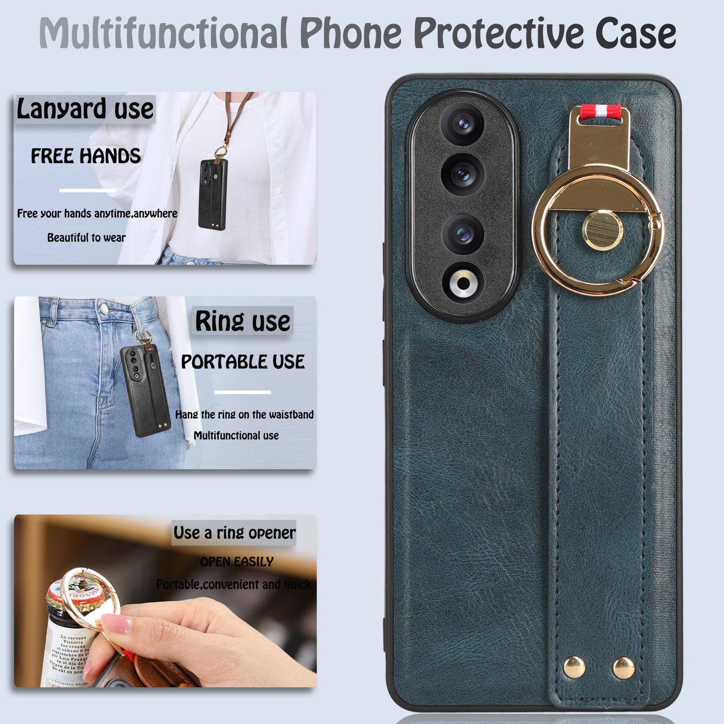 For Honor 90 Wristband Kickstand Phone Case PU Leather+PC+TPU Cover with Bottle Opener