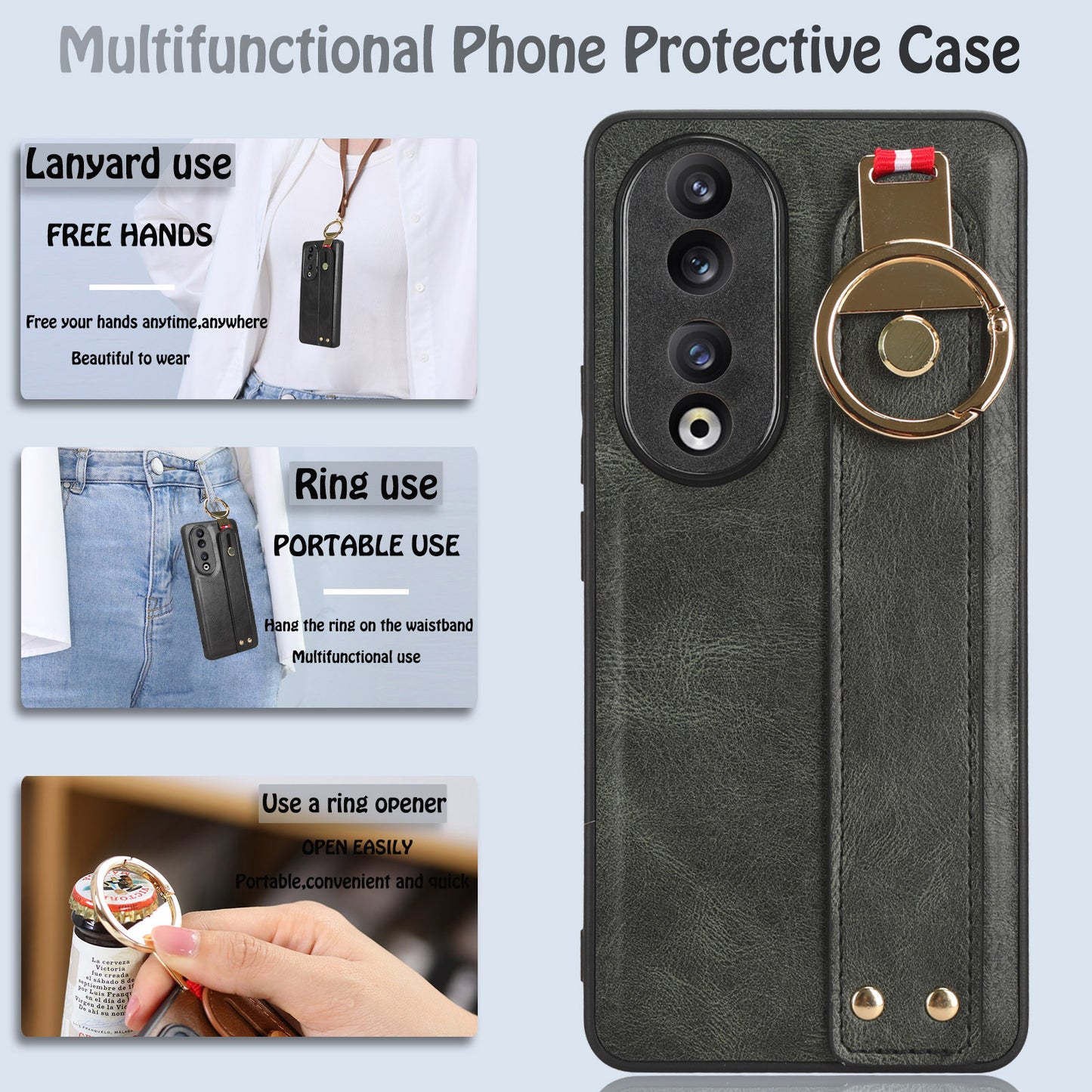 For Honor 90 Wristband Kickstand Phone Case PU Leather+PC+TPU Cover with Bottle Opener