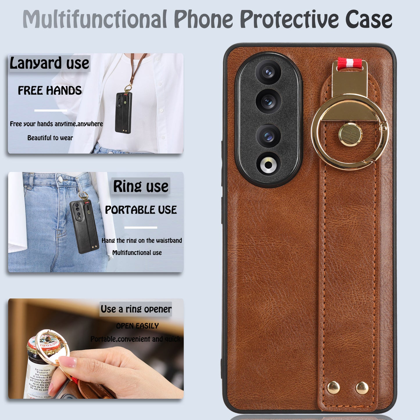 For Honor 90 Wristband Kickstand Phone Case PU Leather+PC+TPU Cover with Bottle Opener