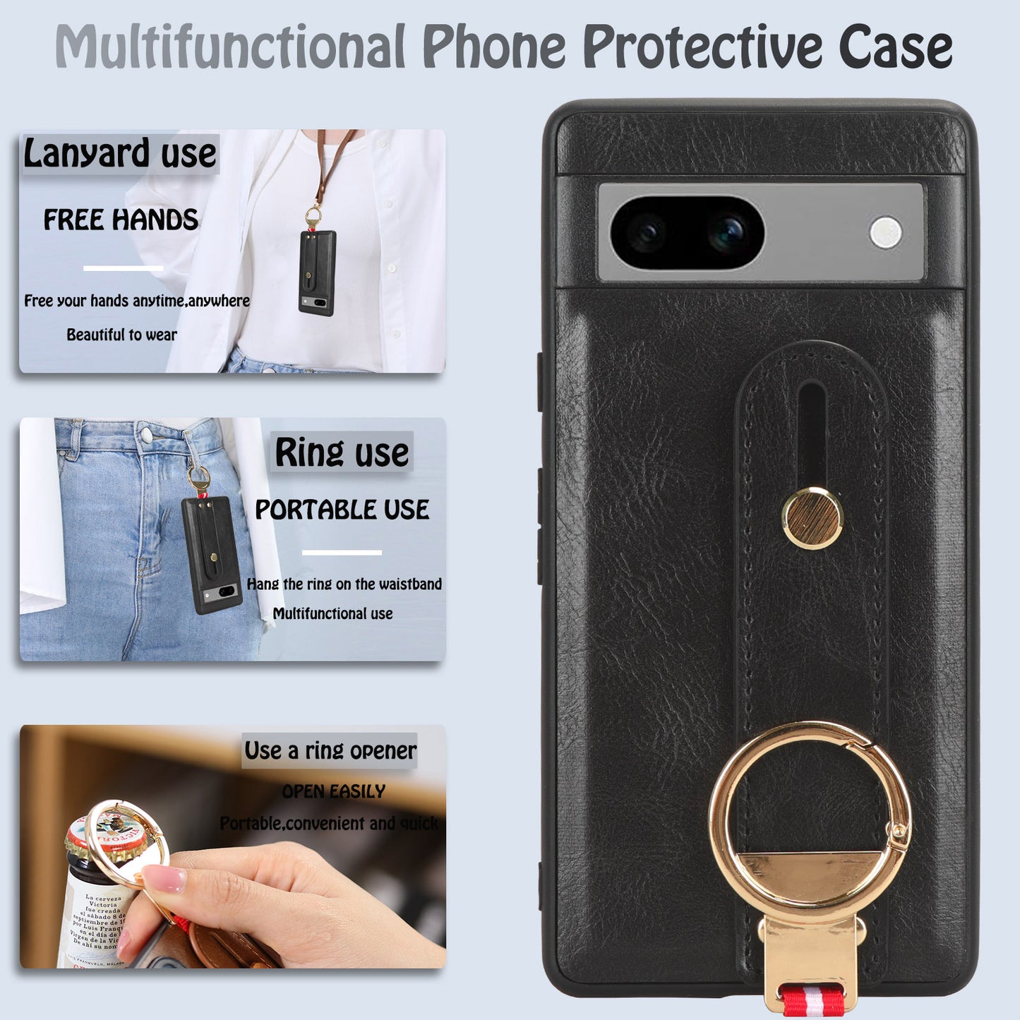 For Google Pixel 7a PU Leather+PC+TPU Phone Case Bottle Opener Wristband Kickstand Cover