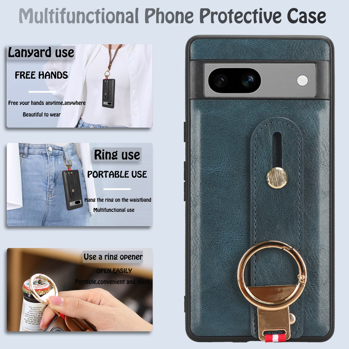 For Google Pixel 7a PU Leather+PC+TPU Phone Case Bottle Opener Wristband Kickstand Cover