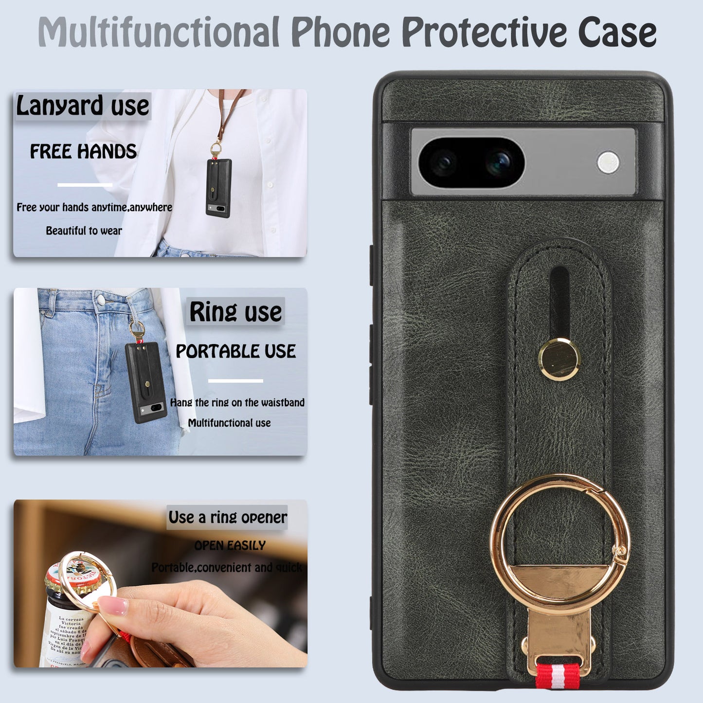 For Google Pixel 7a PU Leather+PC+TPU Phone Case Bottle Opener Wristband Kickstand Cover
