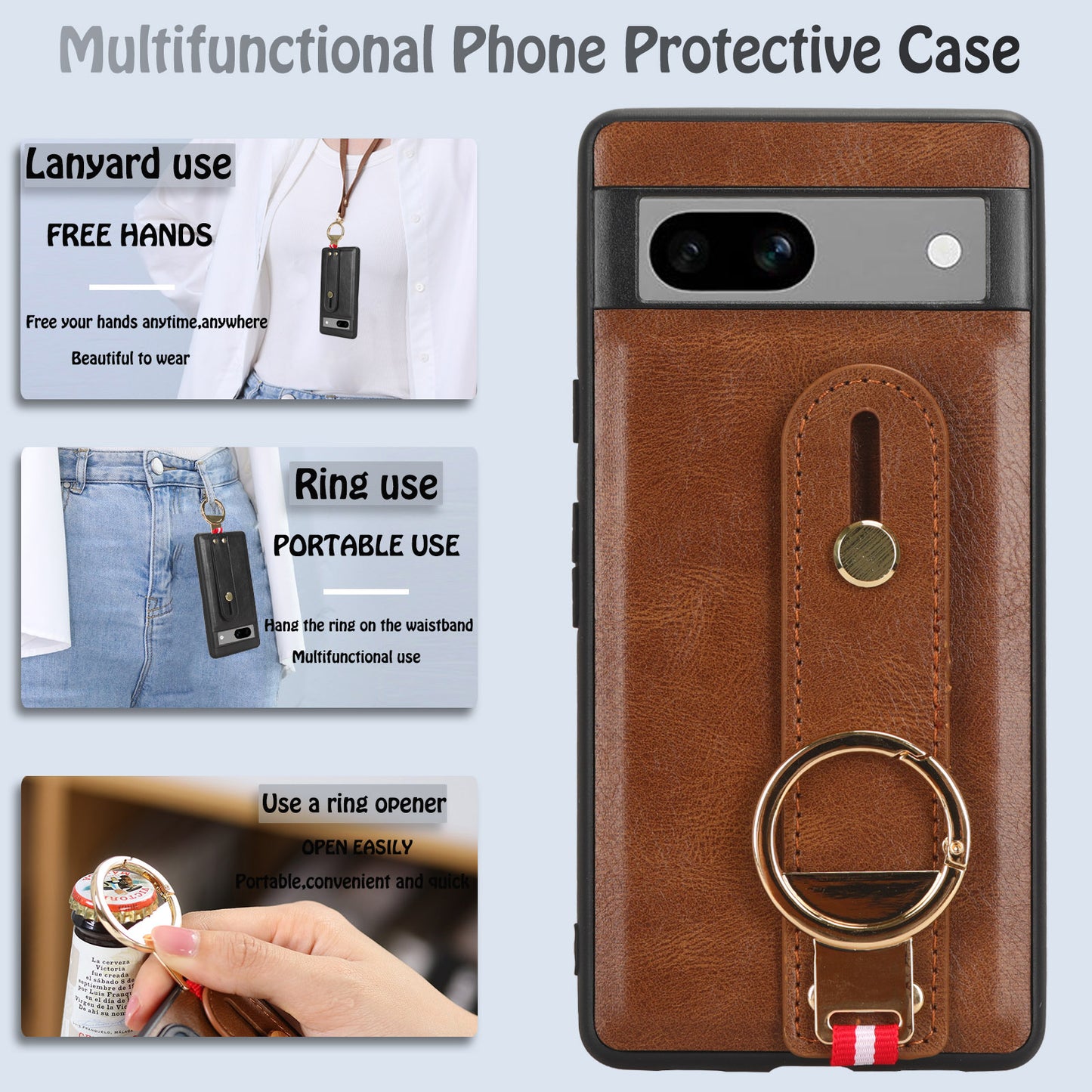 For Google Pixel 7a PU Leather+PC+TPU Phone Case Bottle Opener Wristband Kickstand Cover