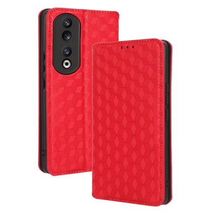 For Honor 90 Pro Anti-Scratch PU Leather Stand Case Shockproof Imprinted Rhombus Phone Cover