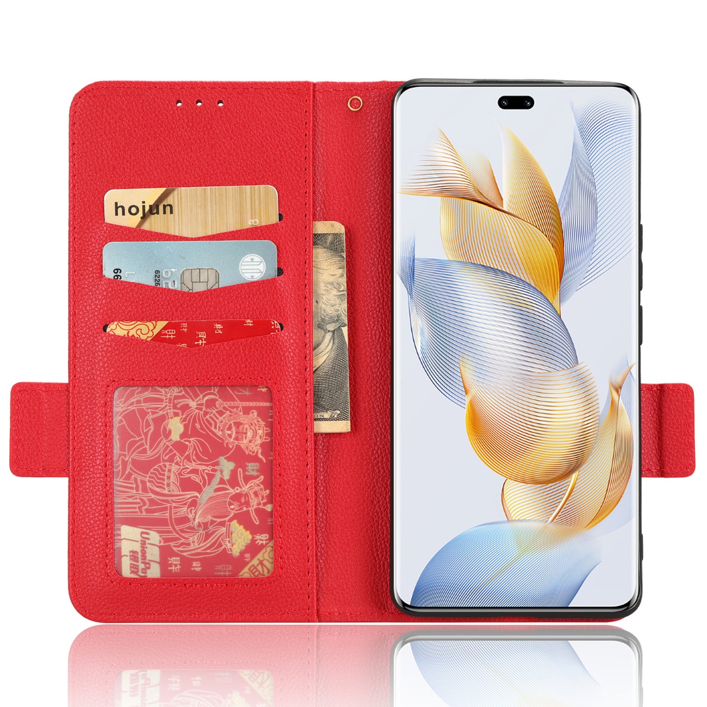 Phone Case for Honor 90 Pro , Litchi Texture Wallet Stand Folio Flip Leather Cell Phone Cover