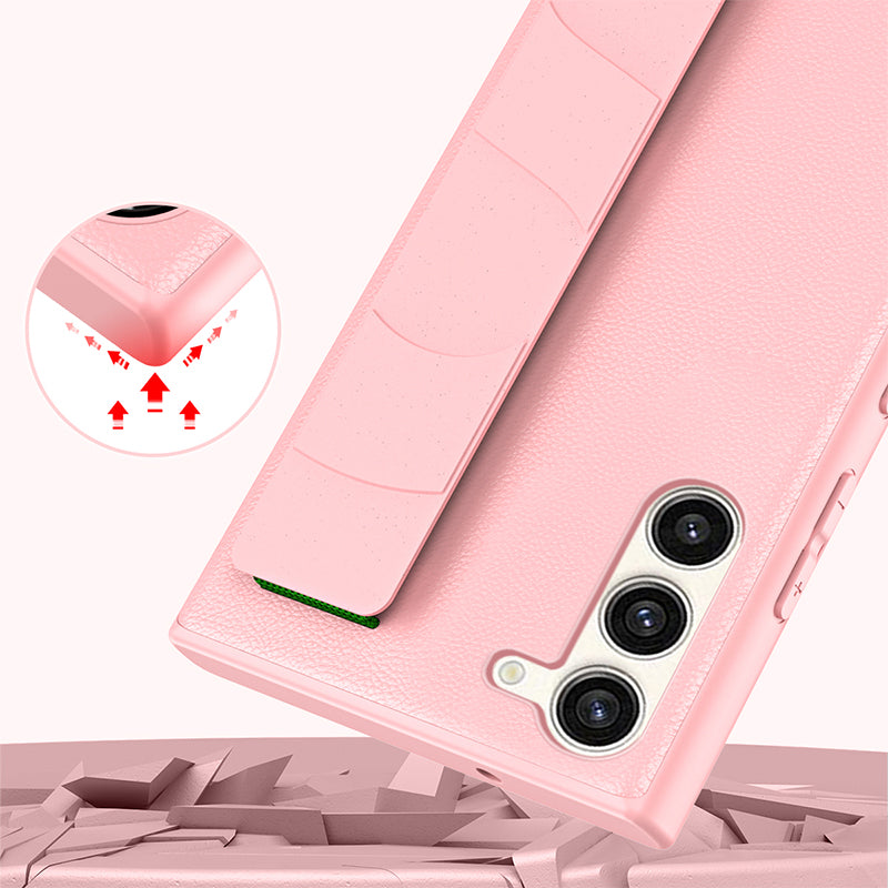 For Samsung Galaxy S23 Litchi Texture PU Leather Coated PC+TPU Back Case Wristband Phone Cover