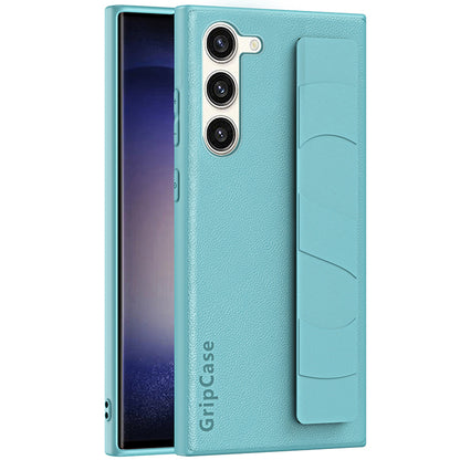 For Samsung Galaxy S22 5G Litchi Texture PU Leather Coated PC+TPU Back Case Phone Cover with Wristband