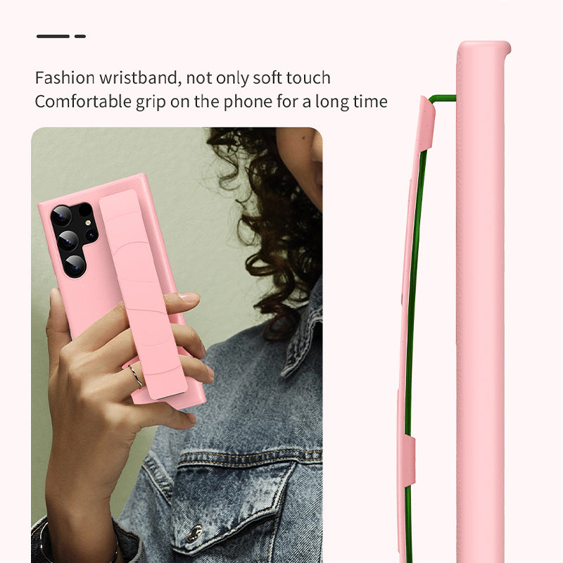 Back Case for Samsung Galaxy S23 Ultra Litchi Texture PU Leather Coated PC+TPU Phone Cover with Wristband